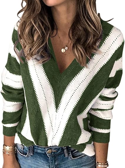 PRETTYGARDEN Sweaters for Women 2025 Long Sleeve Striped Knitted V Neck Pullover Jumper Tops Fall Outfits Fashion Clothing