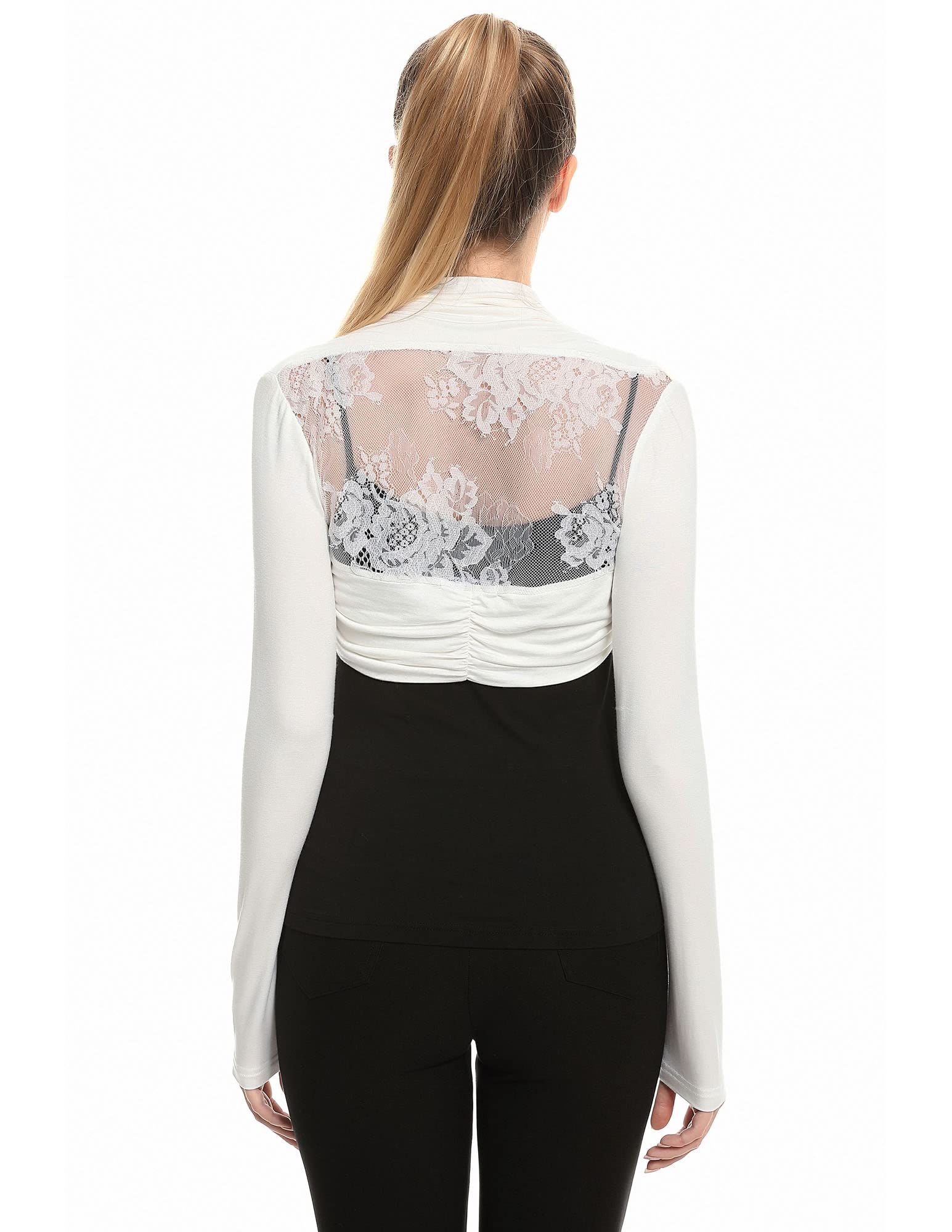 AmélieBoutik Women Lace Back Bolero Cropped Cardigan Shrug, Ivory White, M