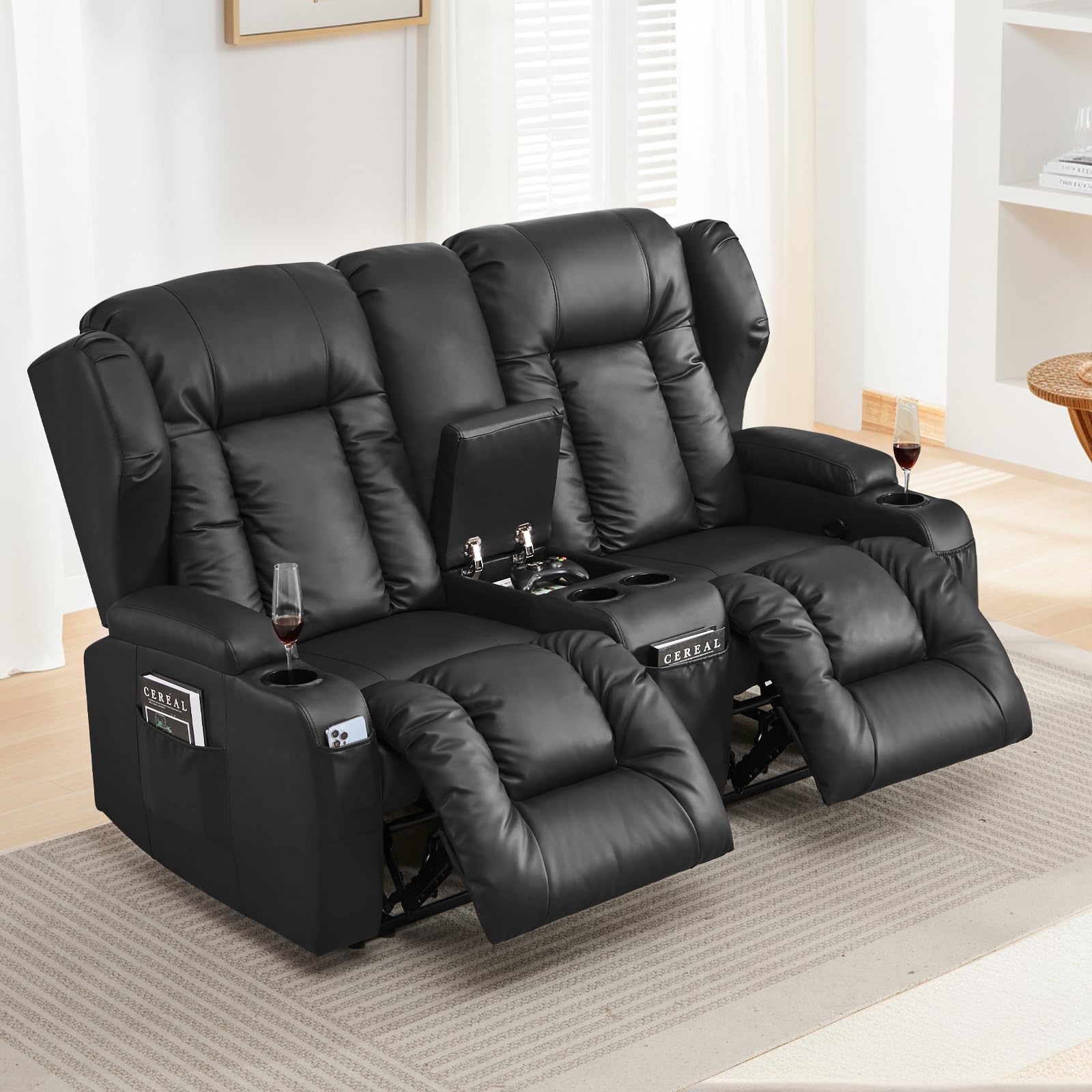 Mymai Zweisitzer Relaxsessel Schwarz - Liegefunktion Mit Getränkehalter Kunstleder