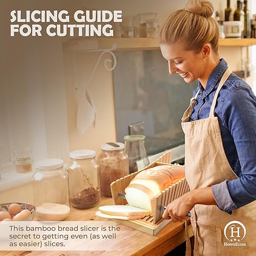 Miniatura 7 de HoweEcom Cortador de pan de bambú, accesorios para pan casero, rebanador de pan con cuchillo, rebanador de pan ajustable con cuchillo de acero