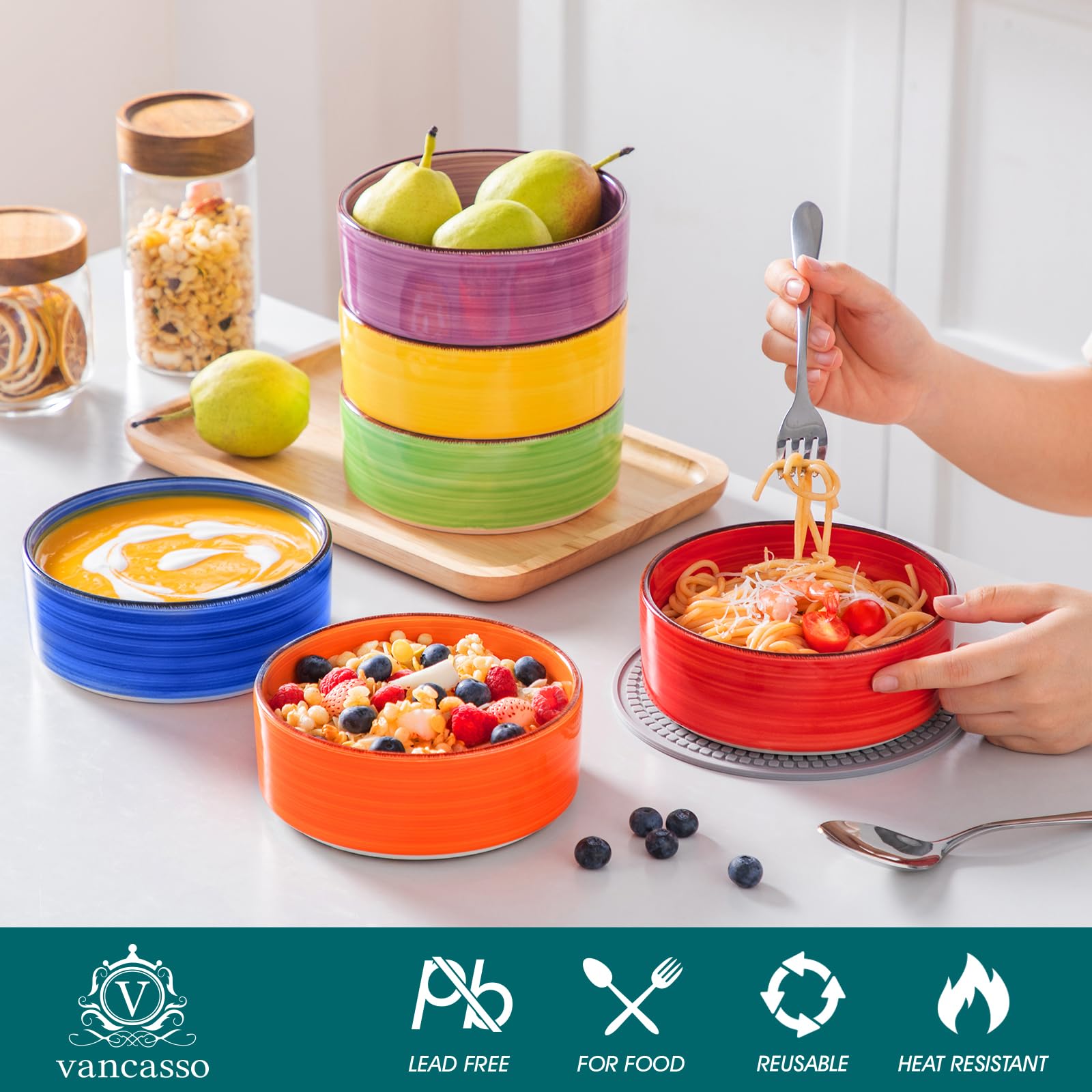 vancasso Bonita Cereal Bowls, 25 oz Ceramic Soup Bowls Set of 6, Serving Bowls, Dessert Bowls, Dipping Bowls, Dishwasher & Microwave Safe, for Salad, Porridge, Rice, Warm Color — view 3