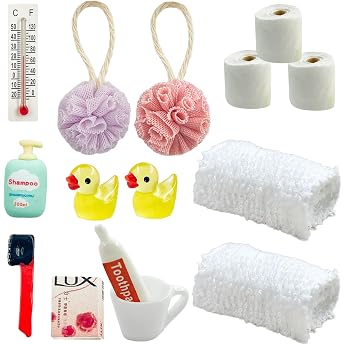 Gnome Accessories 15 Miniature Gnome Accessories Bath Set Bathroom Miniature Accessories for Gnome Door and 1/12 Doll's House with Mini Toothpaste Toothbrush Bath Sponge Duck Toilet Paper Rolls