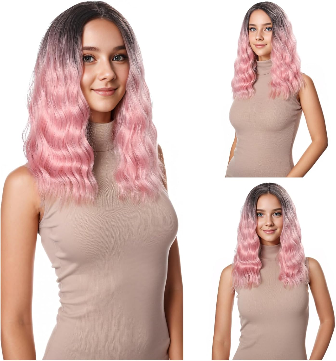 Bob Wavy Wig Short Ombre Pink Color Bob Wigs For Women Middle Part