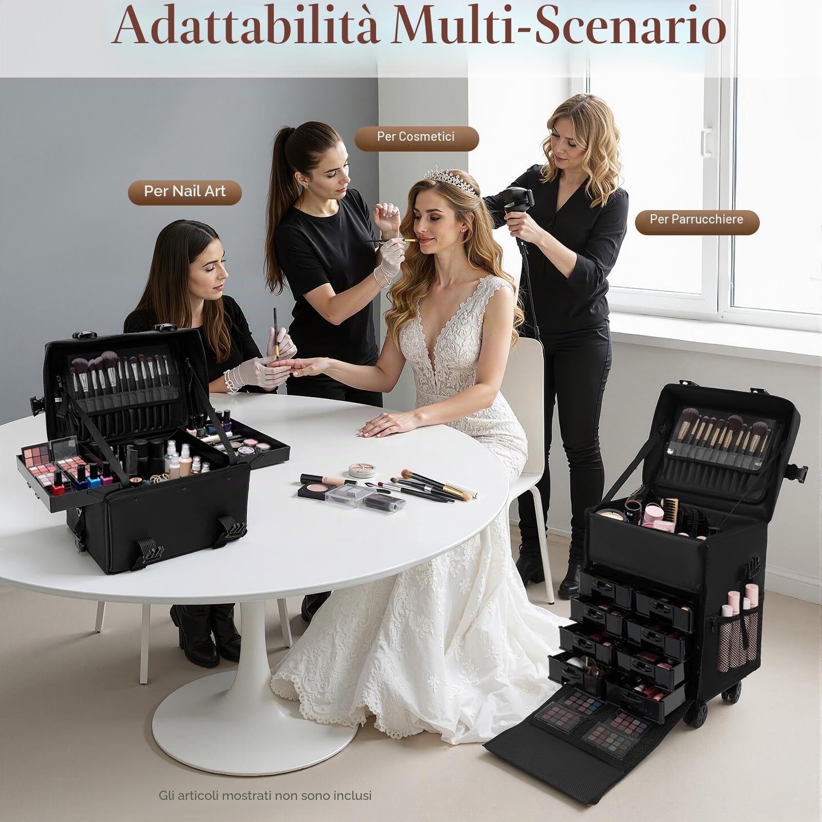 Beauty Case 2 in 1 Professionale Con 8 Cassetti e Ruote, Valigetta per Il Trucco da Pilota, Trolley da Viaggio, Nero, Nylon