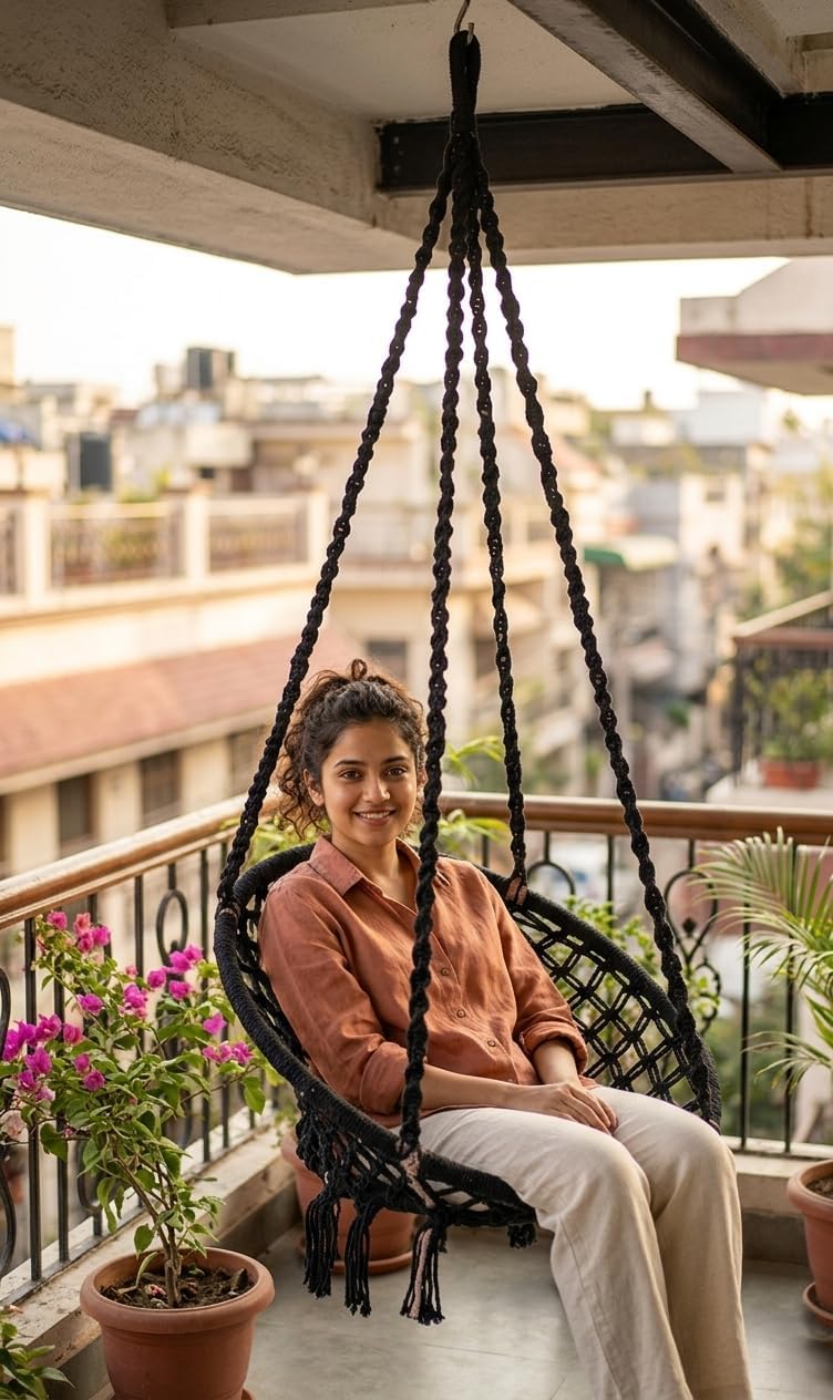 Patiofy Home Swing For Adults&Kids|Suitable For Living Room,Balcony&Outdoor|One Seater Capacity Upto 120 Kgs|Includes Free Hanging Accessories|Handmade Jhula With Premium Cotton Rope|Black,45 Cm