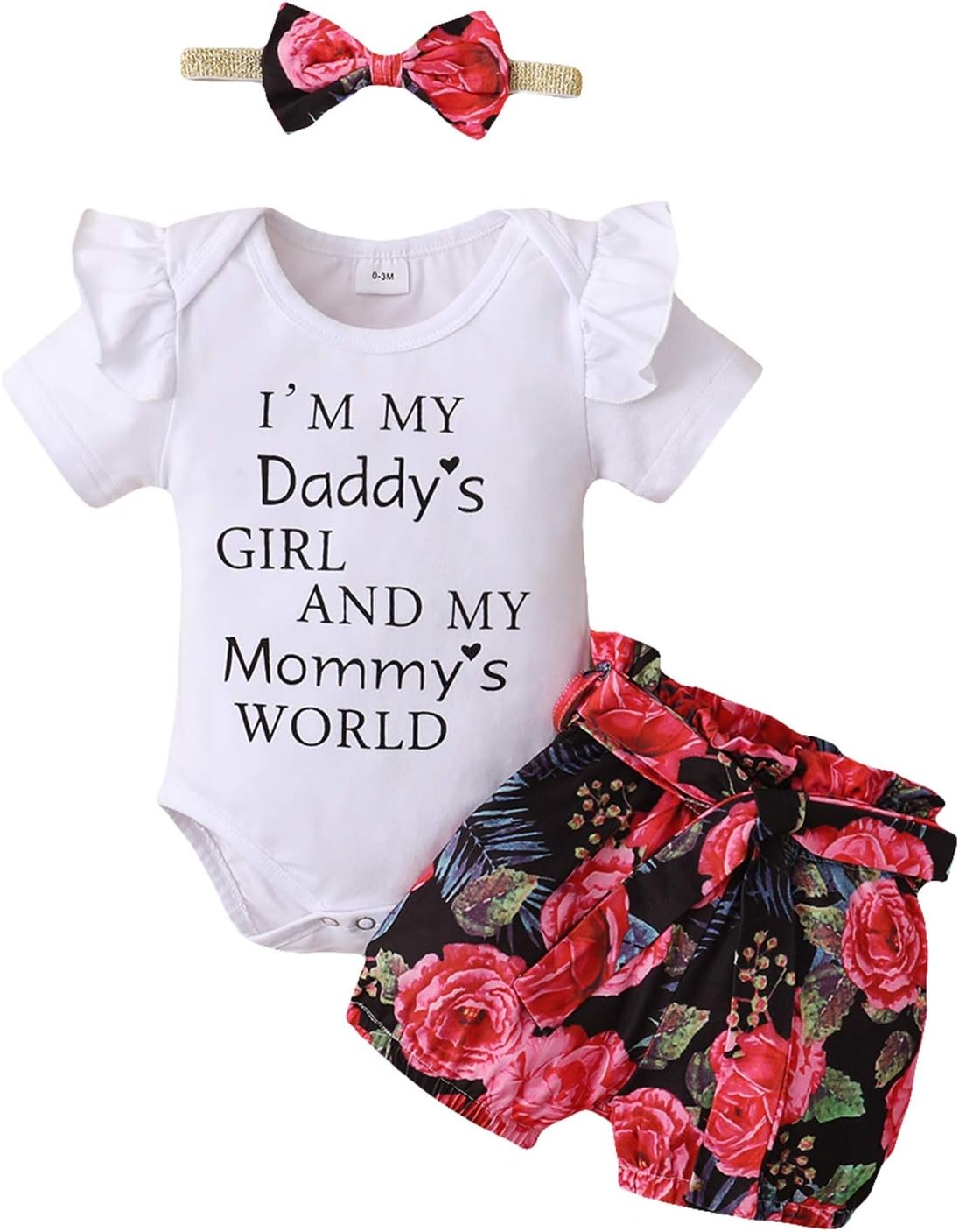 QLIPIN Infant Baby Girls Outfits Letter Ruffles Romper Floral Shorts Bowknot Headband