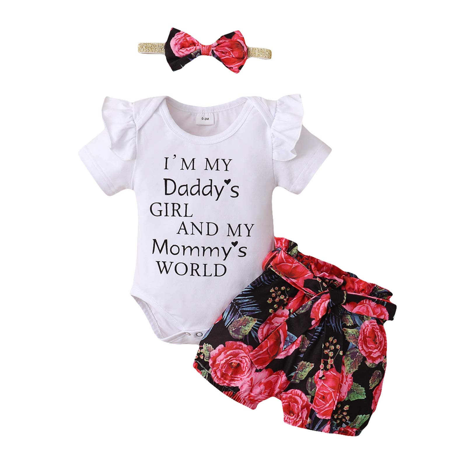 QLIPIN Infant Baby Girls Outfits Letter Ruffles Romper Floral Shorts Bowknot Headband