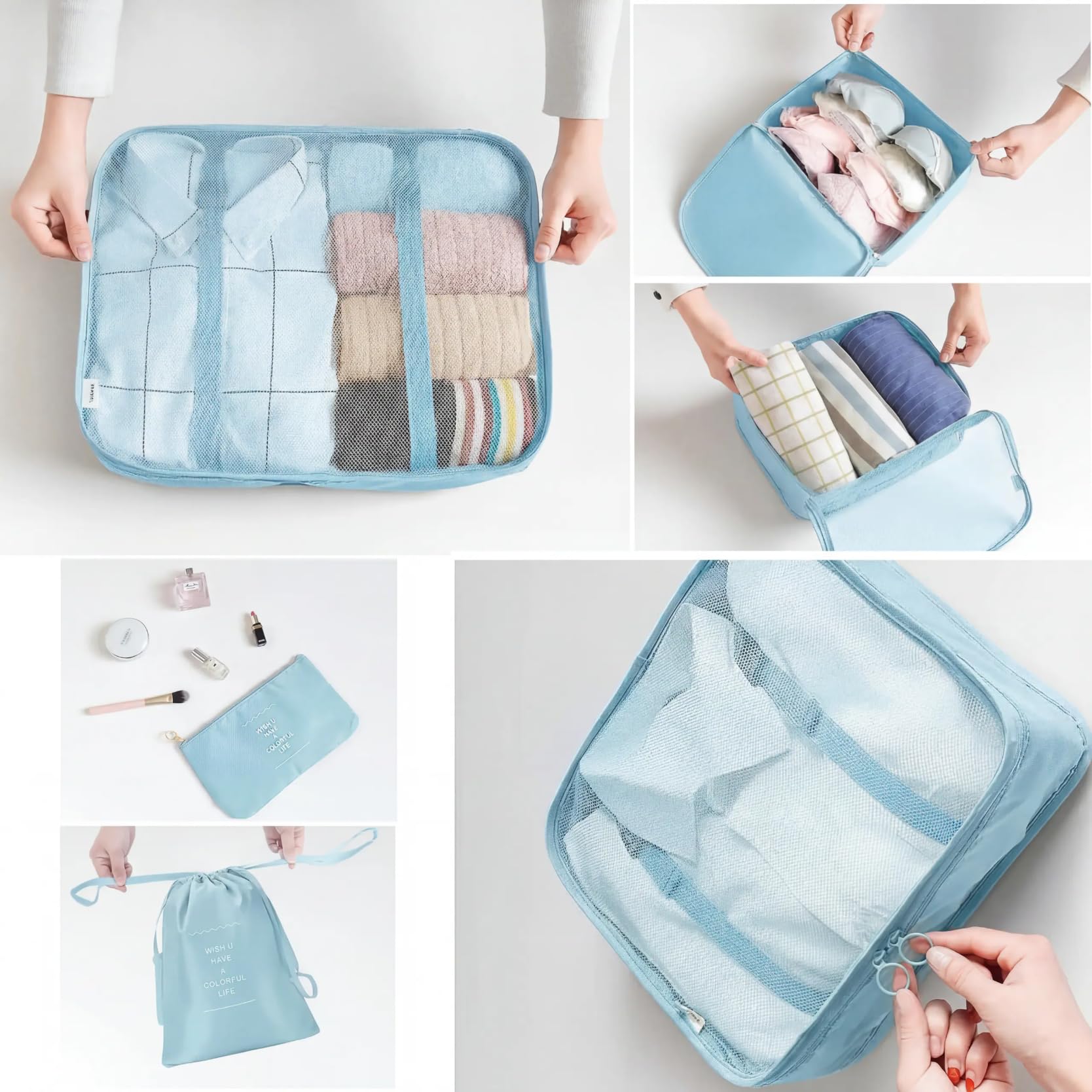 LANSKLBD 6/8 Set Packing Cubes for Suitcases Travel Luggage Packing Organizers,Travel Accessories Essentials Luggage Organizer with Shoe/Tioletry/Laundry Bag (Light Blue, 6 set) view 4
