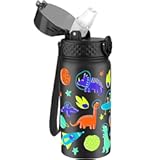 GOPPUS Kids Water Bottle (Straw Lid) - 14 Oz Stainless Steel Travel Bottle, Double Wall Vacuum Leak Proof Kids Cup for School Boys Girls,Space dinosaur