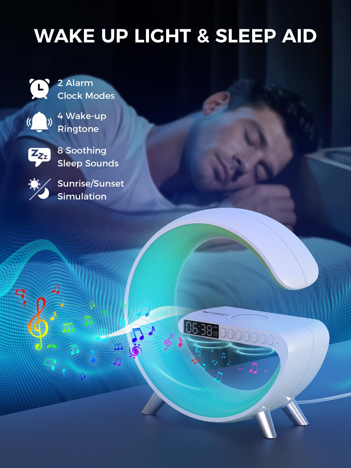 Smiling Shark Intelligente LED Sveglia Luce, Lampada Sveglia Atmosfera con Altoparlante Bluetooth & Ricarica Senza Fili Controllo App Dimmerabile Smart Wake Up Light per Casa Decorazione Regalo
