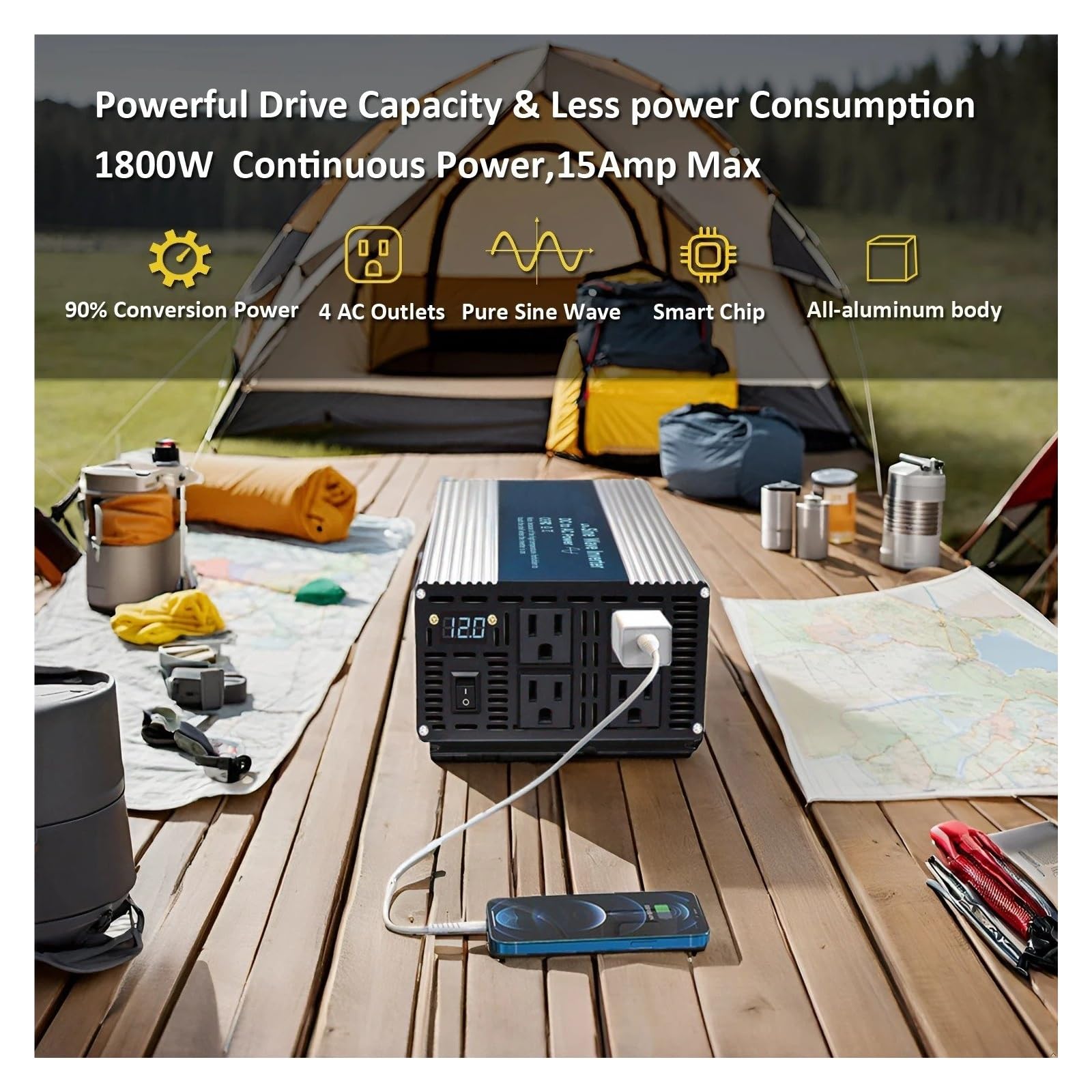 Convertidor Adaptador Inversor Onda Sinusoidal para Pura Batería Solar 1500W SE 12V 24V 36V 48V DC 110V 120V 220V 230V 240V AC Red Convertidor Potencia Completa inversor