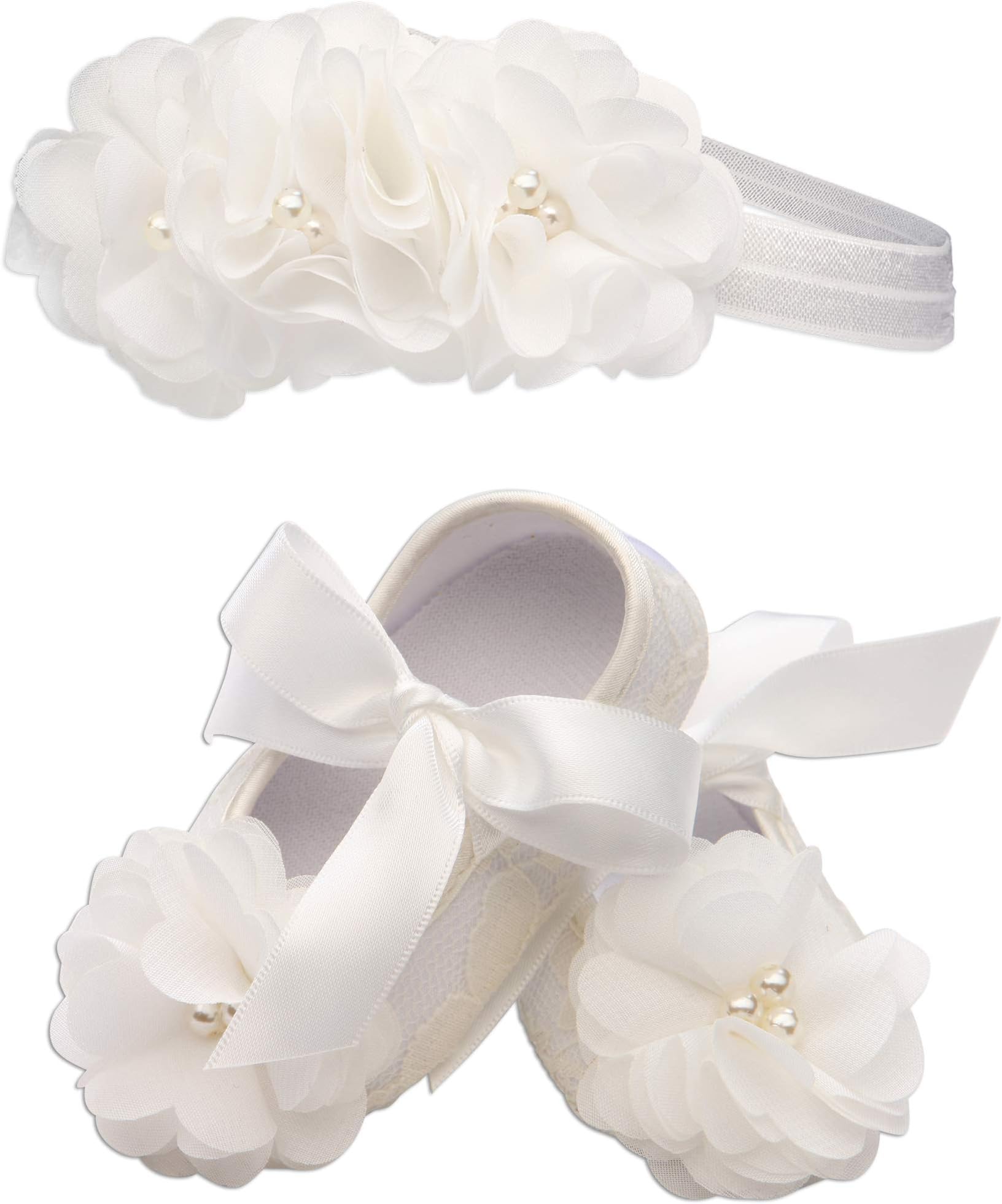 "Petals" Light Ivory Lace Baptism Christening Shoe with Flower and Headband Set for Baby Girl (Size 0)