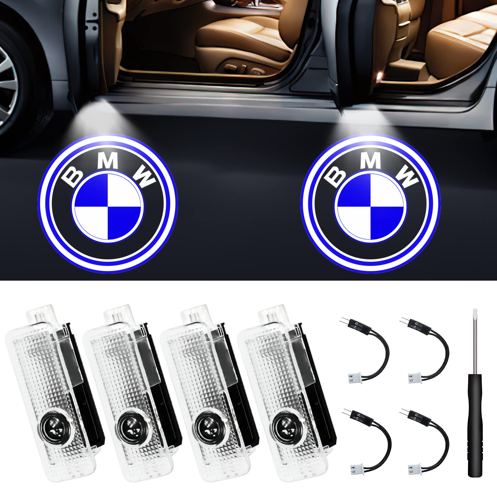 4 pcs Car door light logo for BMW 3/4/5/6/7/X1/X2/X3/X4/X6/M/Z/GT Series, Fostisu LED Car Door welcome Light projection, HD Ghost Shadow light projector Car accessories