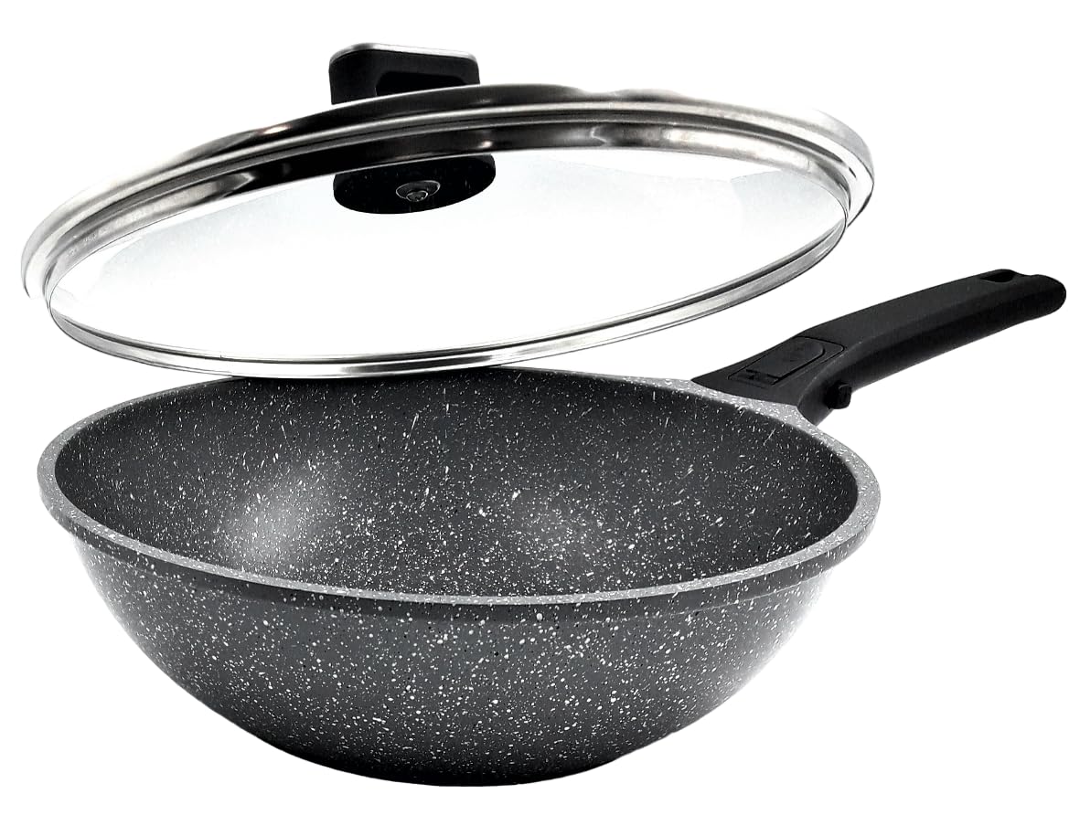 Stufe Wok in pietra con coperchio di alta qualità anti-aderente compatibile con tutti i fuochi 100% induzione adatta al forno grazie al manico rimovibile Ø 28 cm grigio maculato