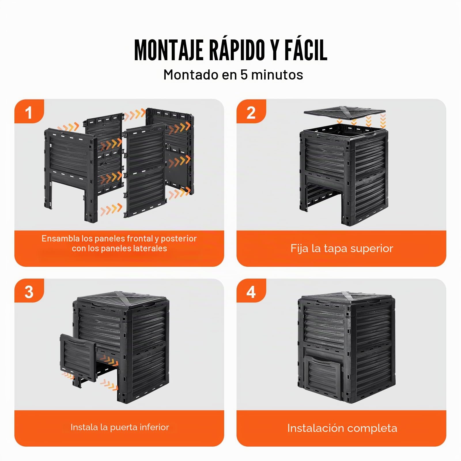VEVOR Compostador de Jardín 300 L sin BPA Contenedor de Abono para Exteriores con Tapa Puerta Inferior Gran Capacidad Fácil de Instalar para Recolectar Hojas Compostaje Creación Rápida Suelo Fértil