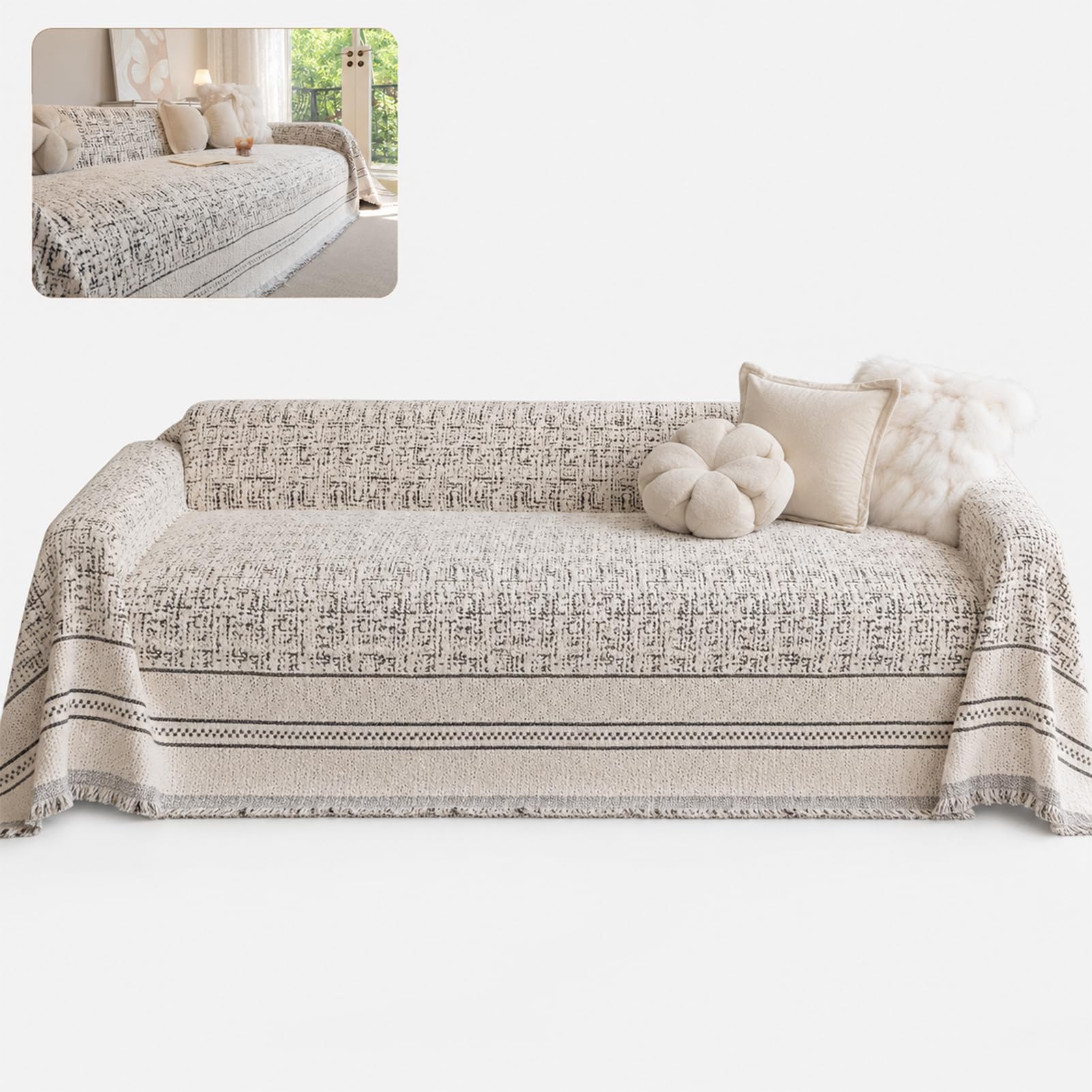 TJKK Boho Chenille Couch Cover for Dogs, Non Slip Sofa Cover, Couch Slipcover Covers for 2/3 Cushion, Furniture Protector with Tassels for Pets Washable (180x380cm,black)