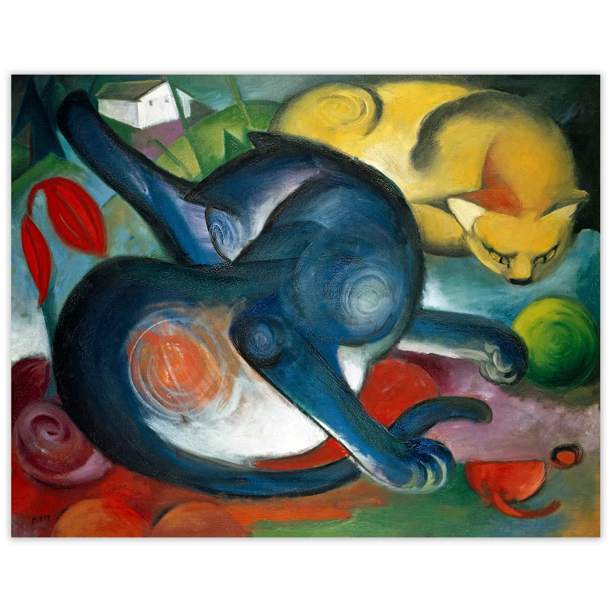 Two Cats Blue & Yellow by Franz Marc Abstract Wall Art: Minimalist, Aesthetic & Boho Wall Art Print for Home, Office, Bedroom & Living Room Decor - Creative Housewarming Gift - Unframed Posters 11x14