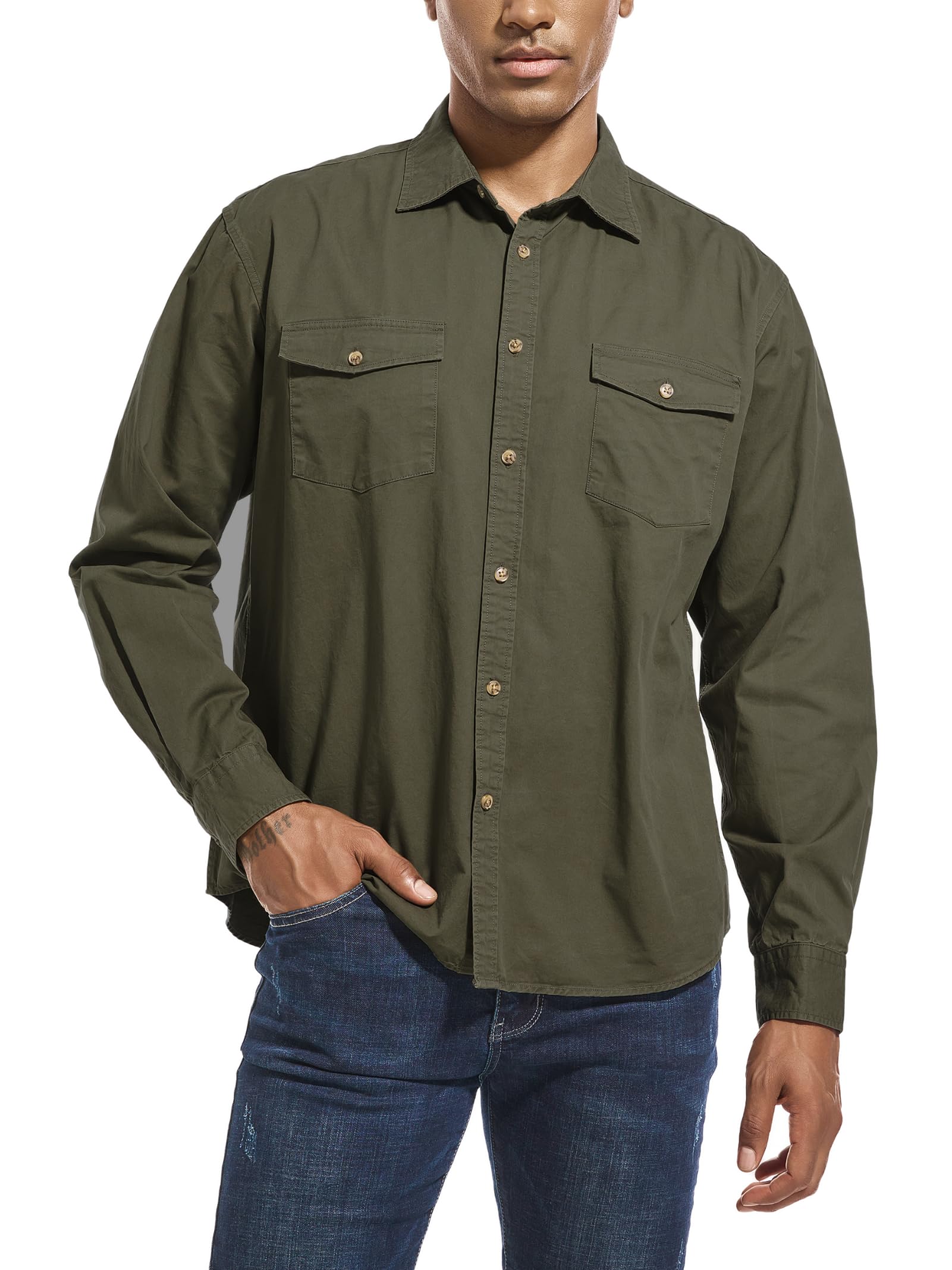 Mens Button Up Shirts Long Sleeve Button Down Shirts with Two Pockets Work Shirts for Men Burnt Olive Medium