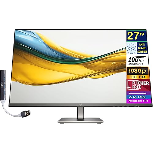 HP Series 5 527da 27" IPS FHD Monitor with 5ms Response Time, Anti-Glare, Flicker Free, 300 nits Brightness, VGA, HDMI & Dockztorm USB Port Expander, Black/Metal Gray Color (B11W6AT#ABA)