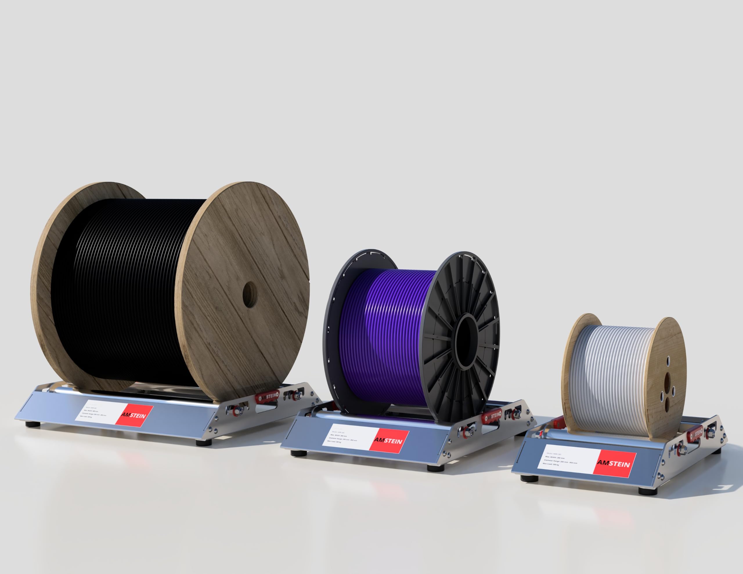 Profi Kabelabwickler AMR-580 mit 4 gebremsten Lenkrollen für Kabeltrommeln 200-850mm, bis 300kg Tragkraft, 600kg im Tandem, max 580mm Breite, robuster Trommelabroller verzinkt