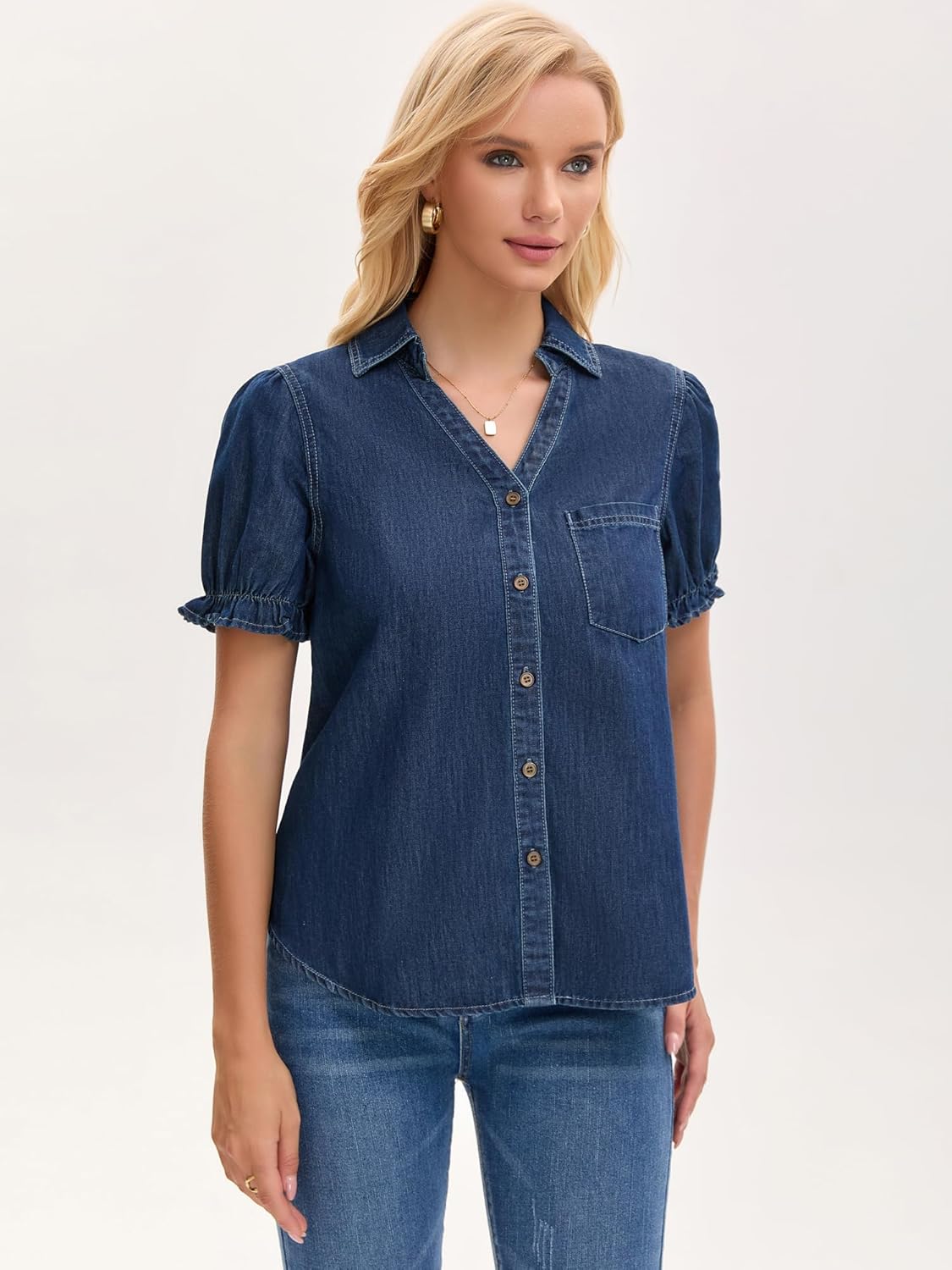 Womens Denim Shirt Summer Collared V Neck Short Sleeve Button Front Jean Blouse Tops - Image 2
