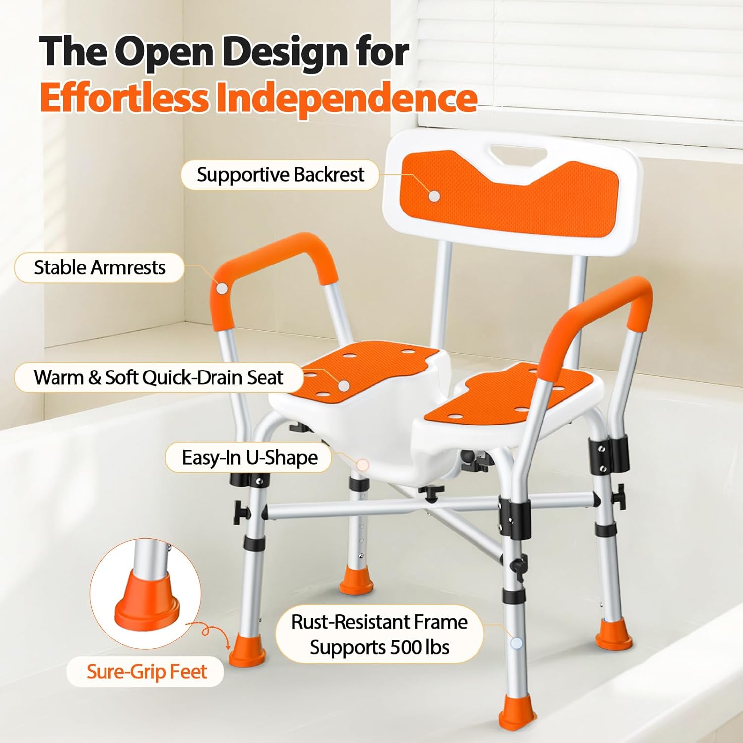 FSA/HSA Heavy Duty Shower Chair for Inside Shower, 500LBS Shower Chair with Arms Back, Padded Bath Seat with U-Shaped Cutout, Anti-Slip Adjustable Bath Stool for Seniors, Handicap, Pregnant, Orange