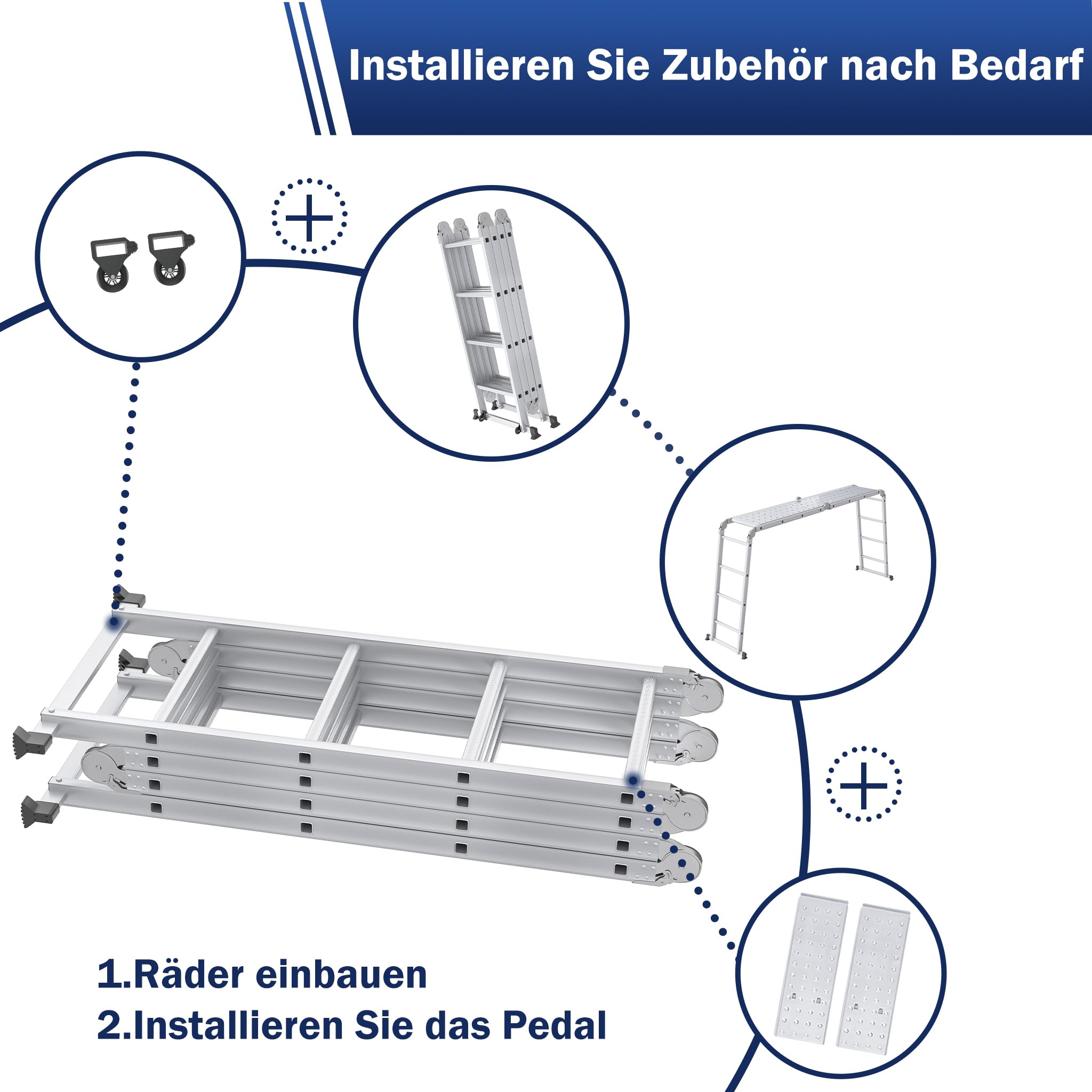 XMTECH 340cm Leiter Mehrzweckleiter Klappleiter Gelenkleiter mit Plattform Aluleiter Multifunktionsleiter Kombileiter 6 in 1 Anlegeleiter Stehleiter aus Aluminium - 4x3 Stufen, Silber