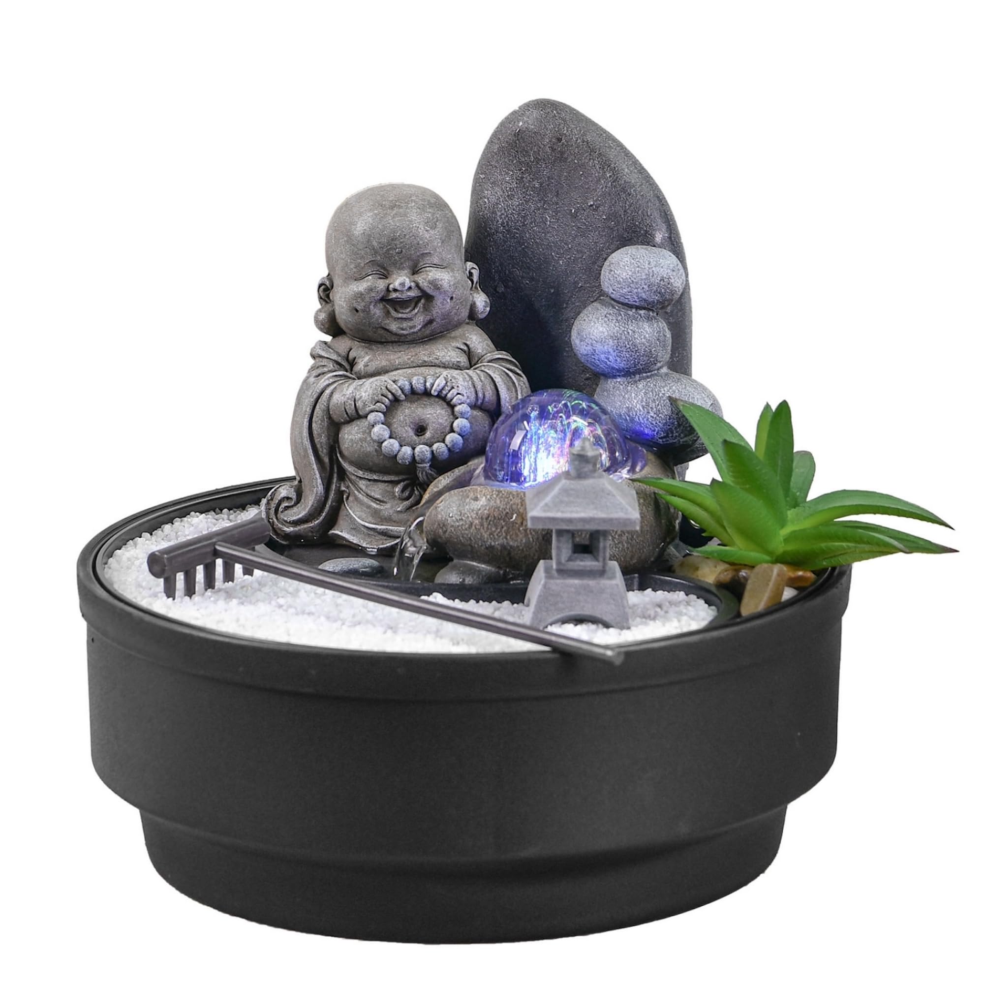 Sikhi Zen'Light - Fuente de Mesa para jardín, diseño de jardín Zen, Estatua de Buda extraíble, luz LED Colorida, decoración de Ambiente Relajante, jardín Zen Arena Blanca, Fuente de Mesa de Circuito