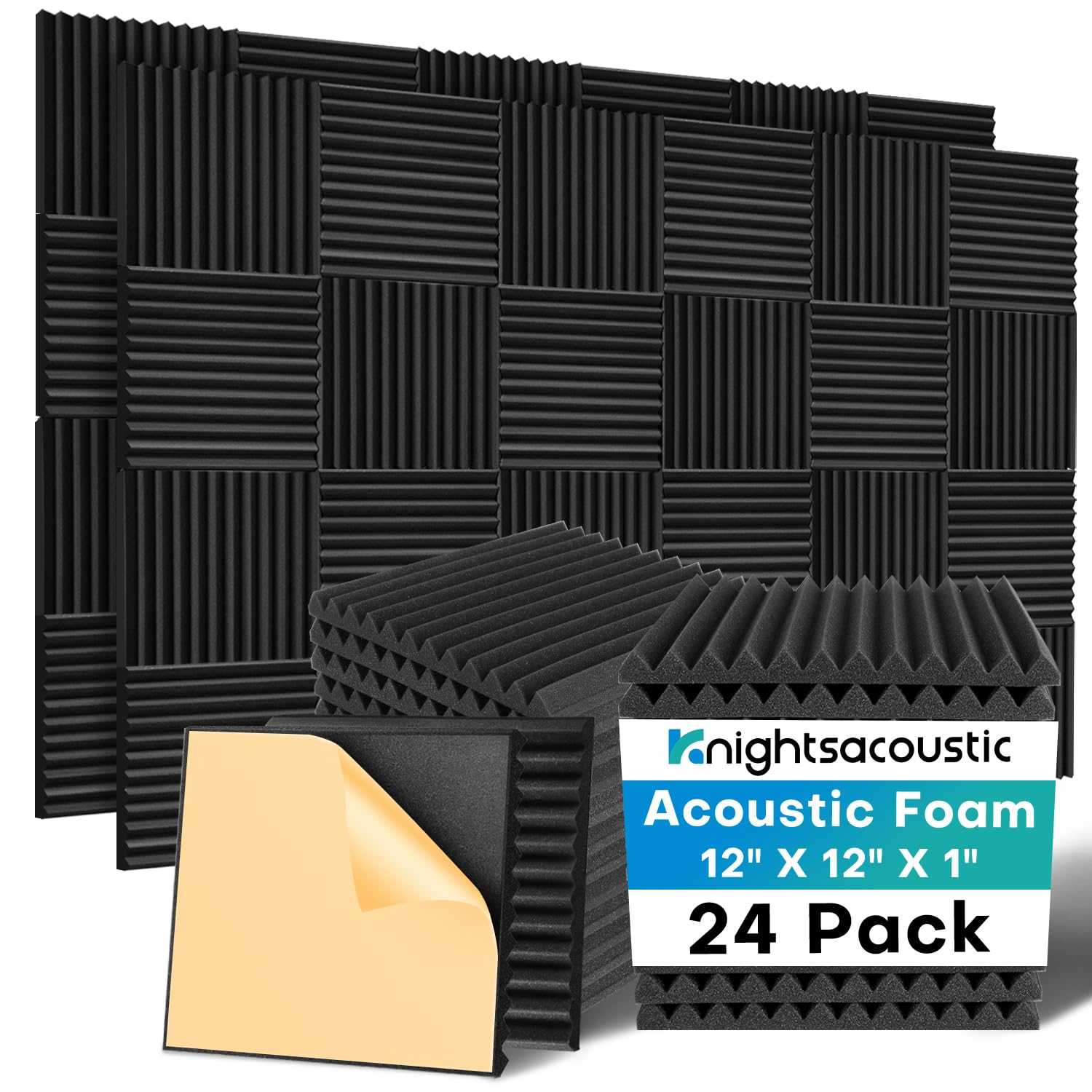 Knightsacoustic 24 Pack Sound Proof Foam Panels for Walls with Self Adhesive, 12x12x1 Acoustic Foam Panels, High Density Acoustic Panels Sound Absorbing, Fire Resistant Studio Sound Proofing Black