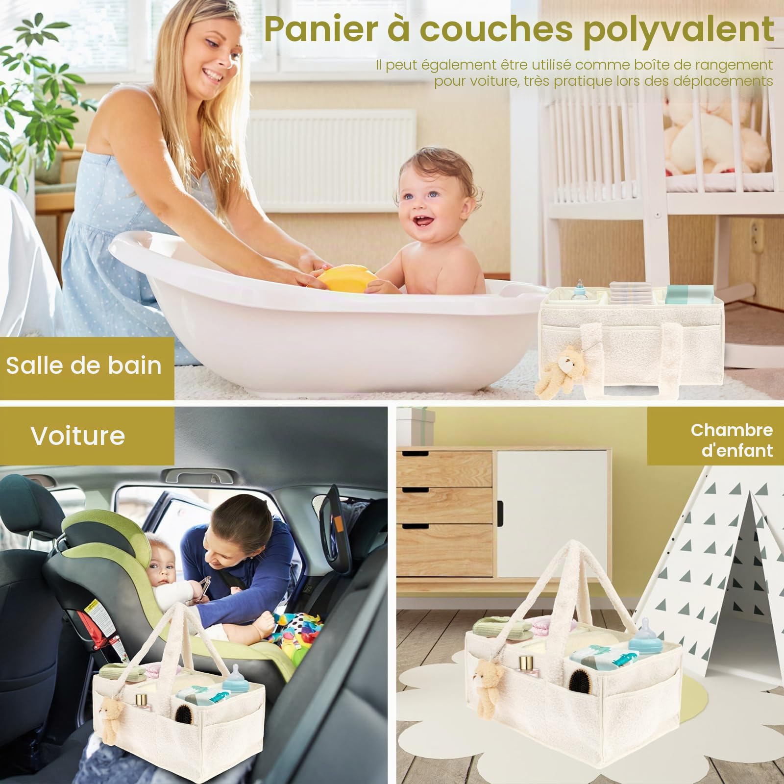 Organiseur de couches pour bébé avec séparateurs amovibles - Panier de rangement portable en feutre pour chambre d'enfant - Sac à lingettes pour tout-petits - Cadeaux essentiels pour