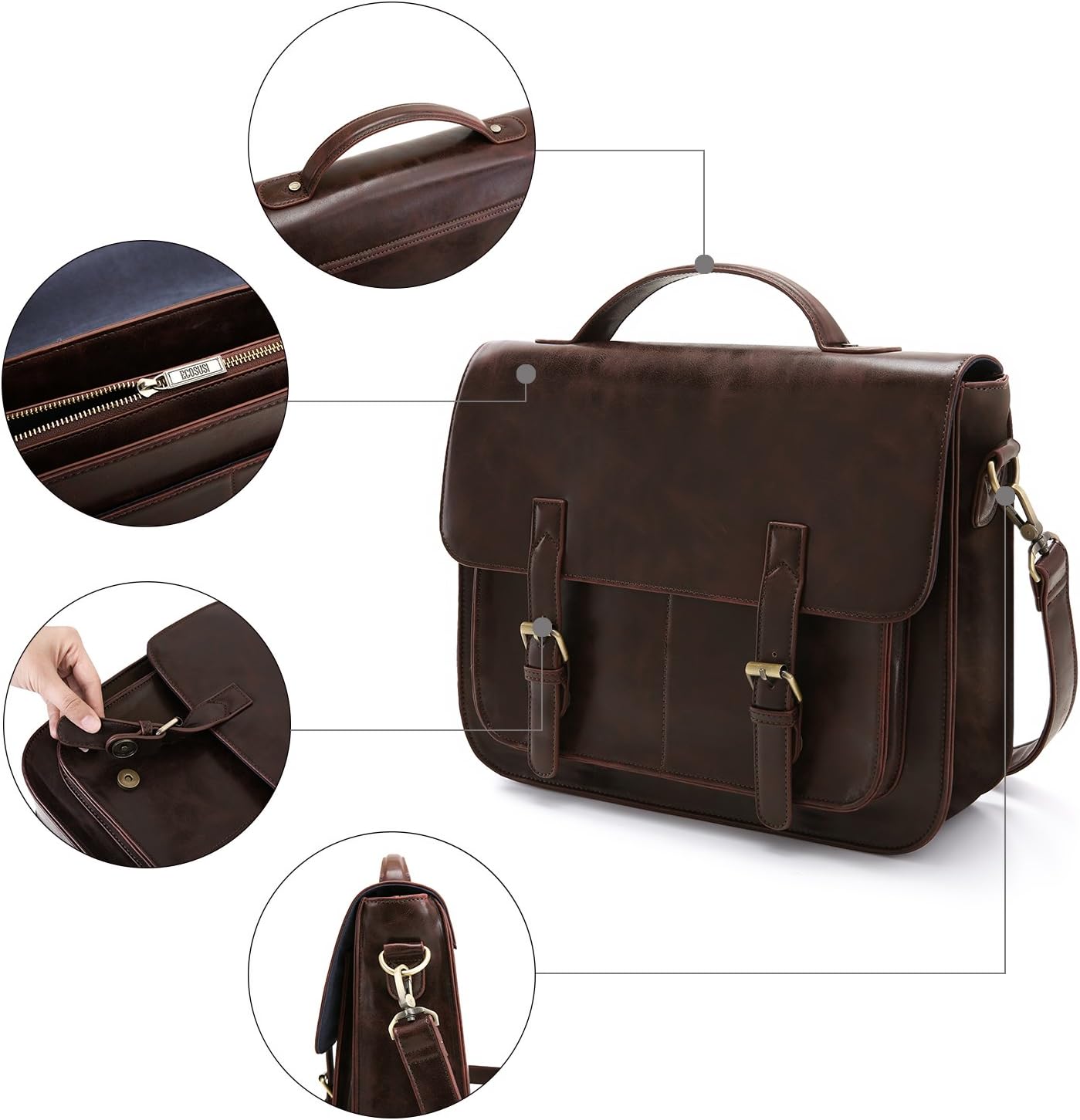 ECOSUSI Messenger Bag PU Leather Laptop Briefcase 14 inch Computer Shoulder Satchel Bag for Women and Men, Coffee