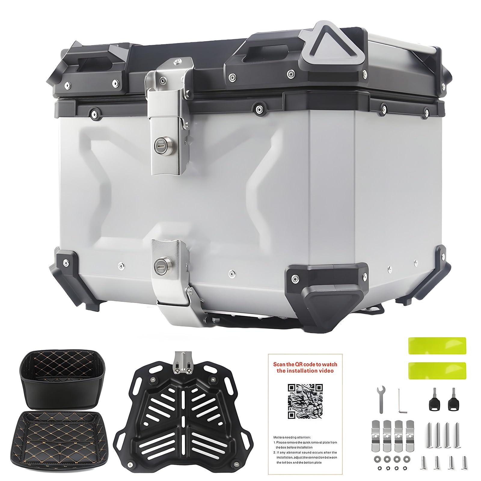 Baul Moto, Top Case Moto Aluminio Impermeable, Maletero Moto Universal, Baúl Moto con Cerradura De Seguridad, Respaldo Y Placa De Montaje, para Almacenamiento De Equipaje Y Casco,55L-SilverB