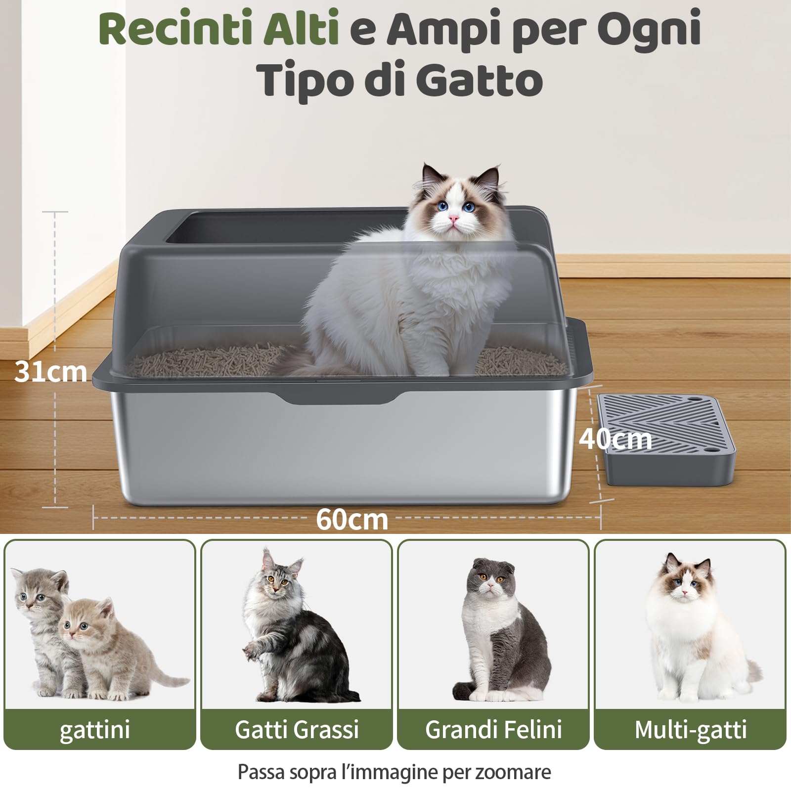 Gimars Lettiera per gatti in acciaio inox pedale, grigio scuro