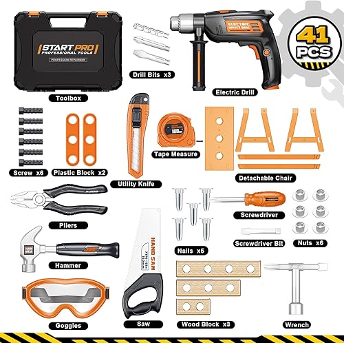 Miniatura 9 de OCHIDO Juego de herramientas para niños con caja de herramientas y taladro de juguete electrónico, 41 piezas de herramientas para niños pequeños,