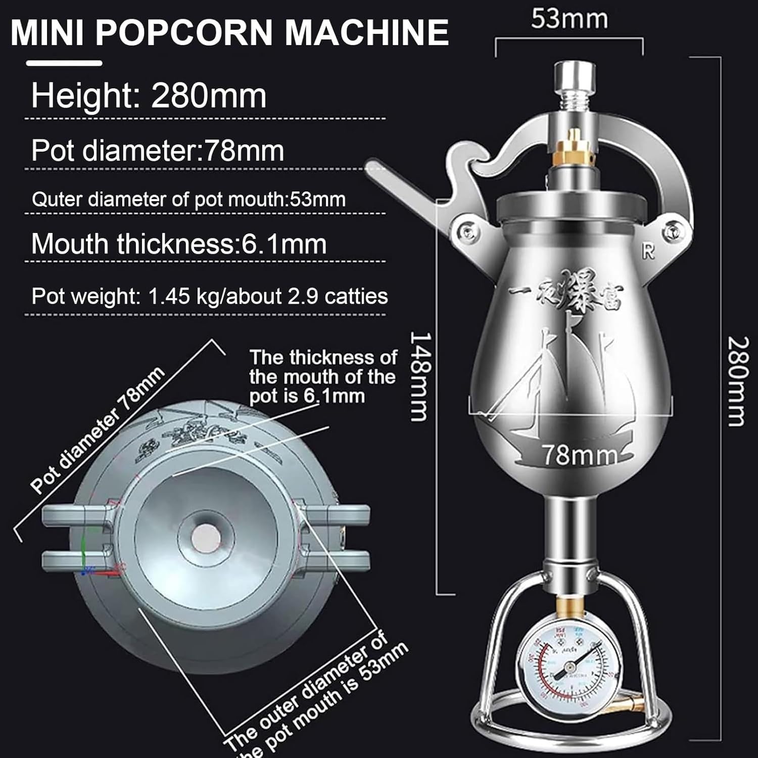 Cannone Popcorn A Mano Macchina Popcorn Ad Alta Pressione Macchina Popcorn Cinese Macchina Riso Soffiato Mini Macchina per Popcorn Teatro All'Aperto per Riunioni di Famiglia(300ml)