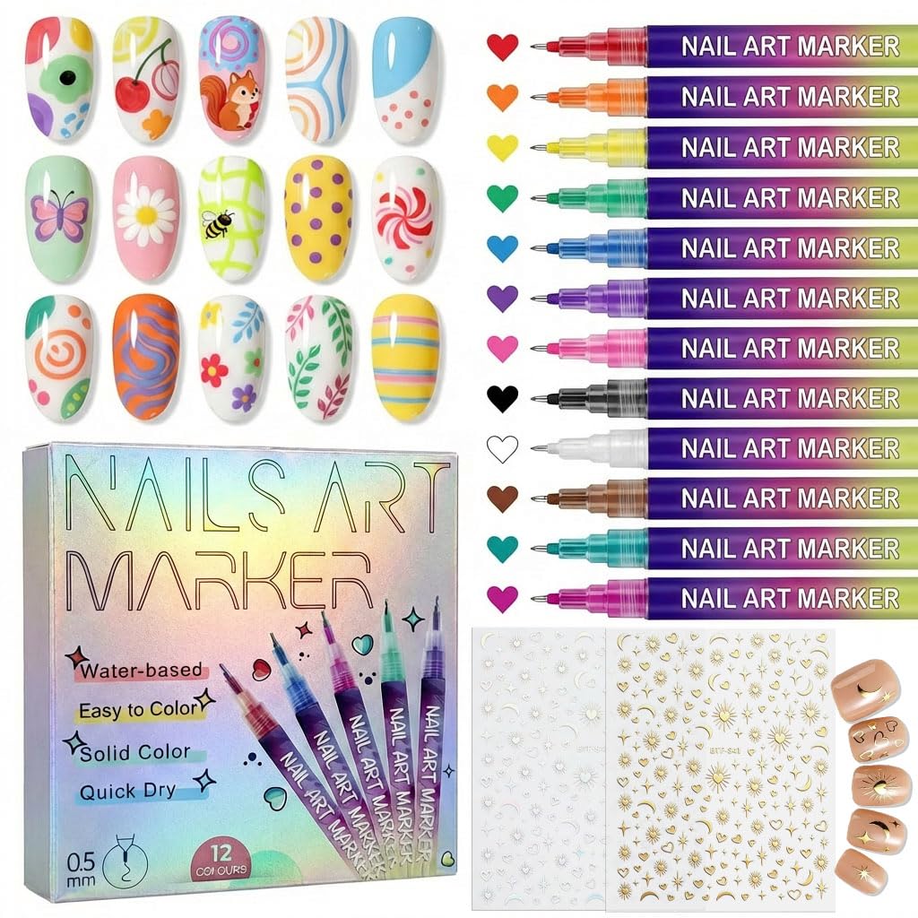 Losaria 12 Colors Nail Art Pens - 0.5mm Fine Tip Quick Dry Nail Paint Pens