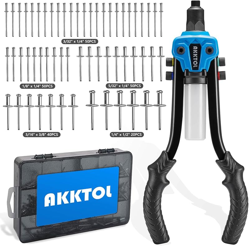 AKKTOL Kit de pistola remachadora, kit de pistola remachadora pop de 1/4" con 210 remaches ciegos, herramienta de pistola remachadora resistente de 13" con 5 boquillas incl. 3/16" y 1/8" para metal, canalones y automoción