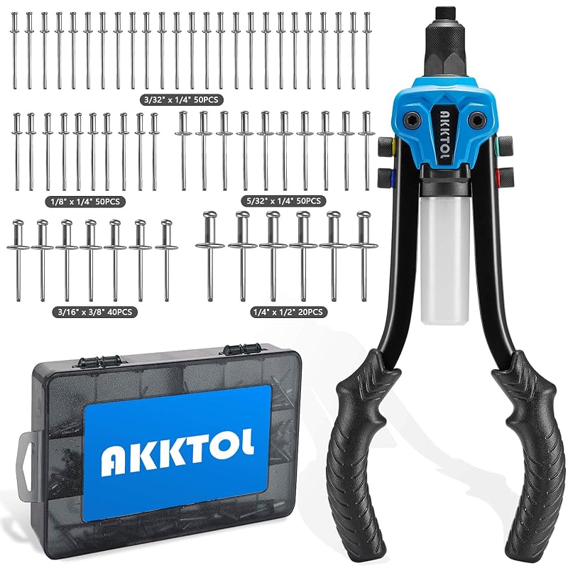Rebitador manual AKKTOL BT811 de duas mãos, 33 cm, para rebites cegos de até 6,35 mm com 5 bicos e 210 rebites