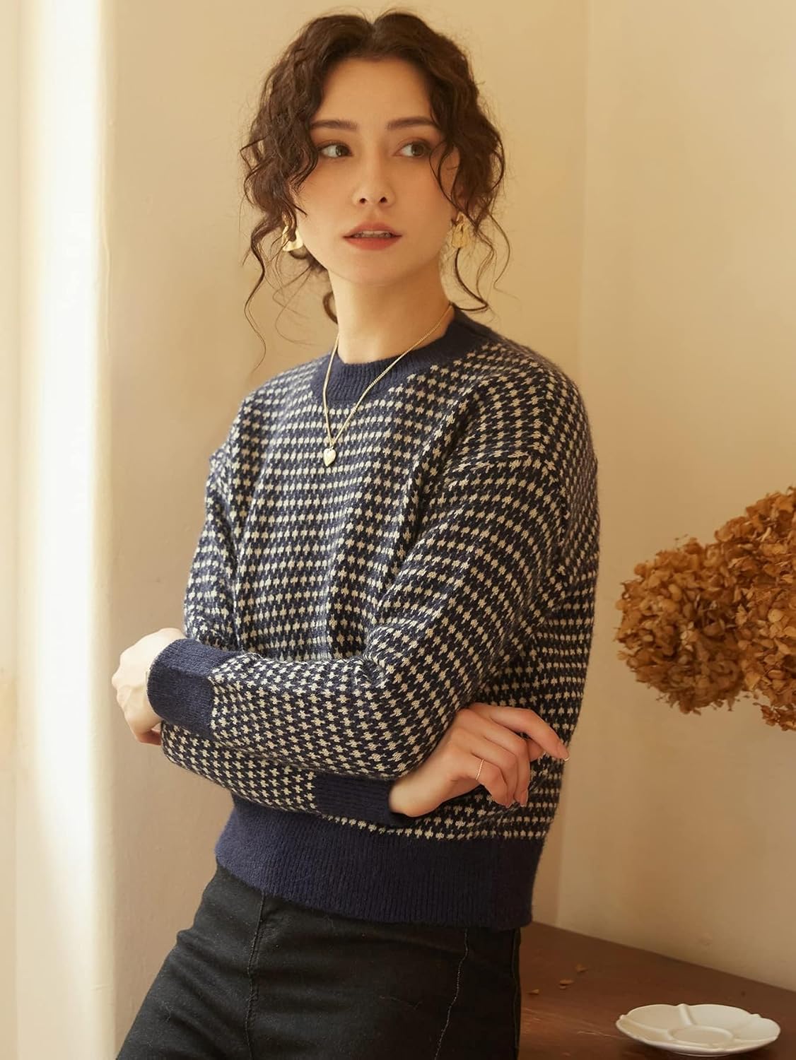 Women's Sweater Allover Pattern Drop Shoulder Sweater Sweater for Women (Color : Navy Blue, Size : Large)