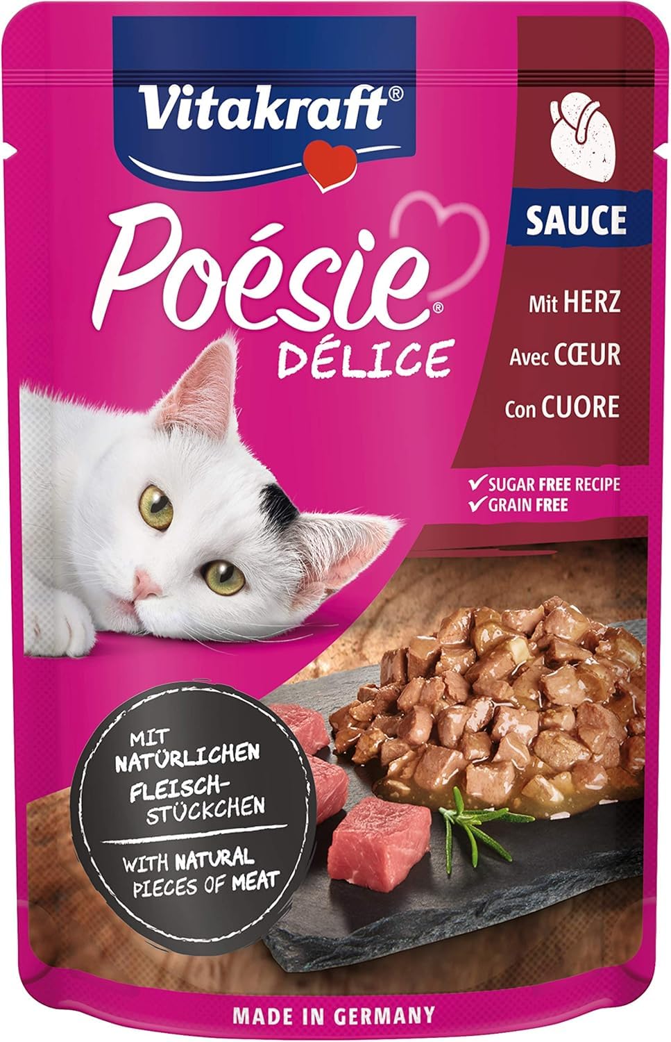 Vitakraft Poésie Délice, Nassfutter Katze, Katzennassfutter in Sauce, mit Herz, ohne Zusatz von Zucker und Getreide (1x 85g)