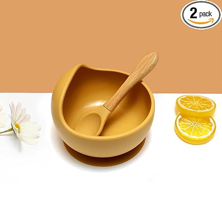 KIDS STATION 2pcs Food Grade Silicone, BPA-Free & Microwave Safe Baby Feeding Essentials Eating Bowl and Spoon, Baby Eating Training Feeding Set (Yellow)