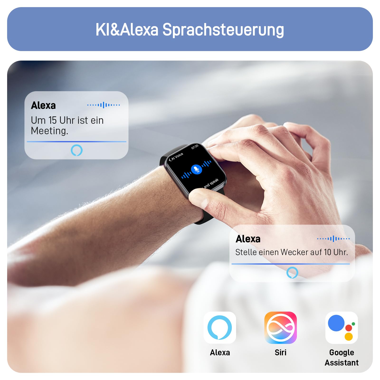 Tensky Smartwatch Herren Damen, 1,85'' Fitnessuhr 3ATM wasserdicht, integrierte Alexa, Herzfrequenz SpO2 Schlafmonitor 110+ Sportmodi Fitness Tracker kompatibel mit iPhone/Samsung/Android