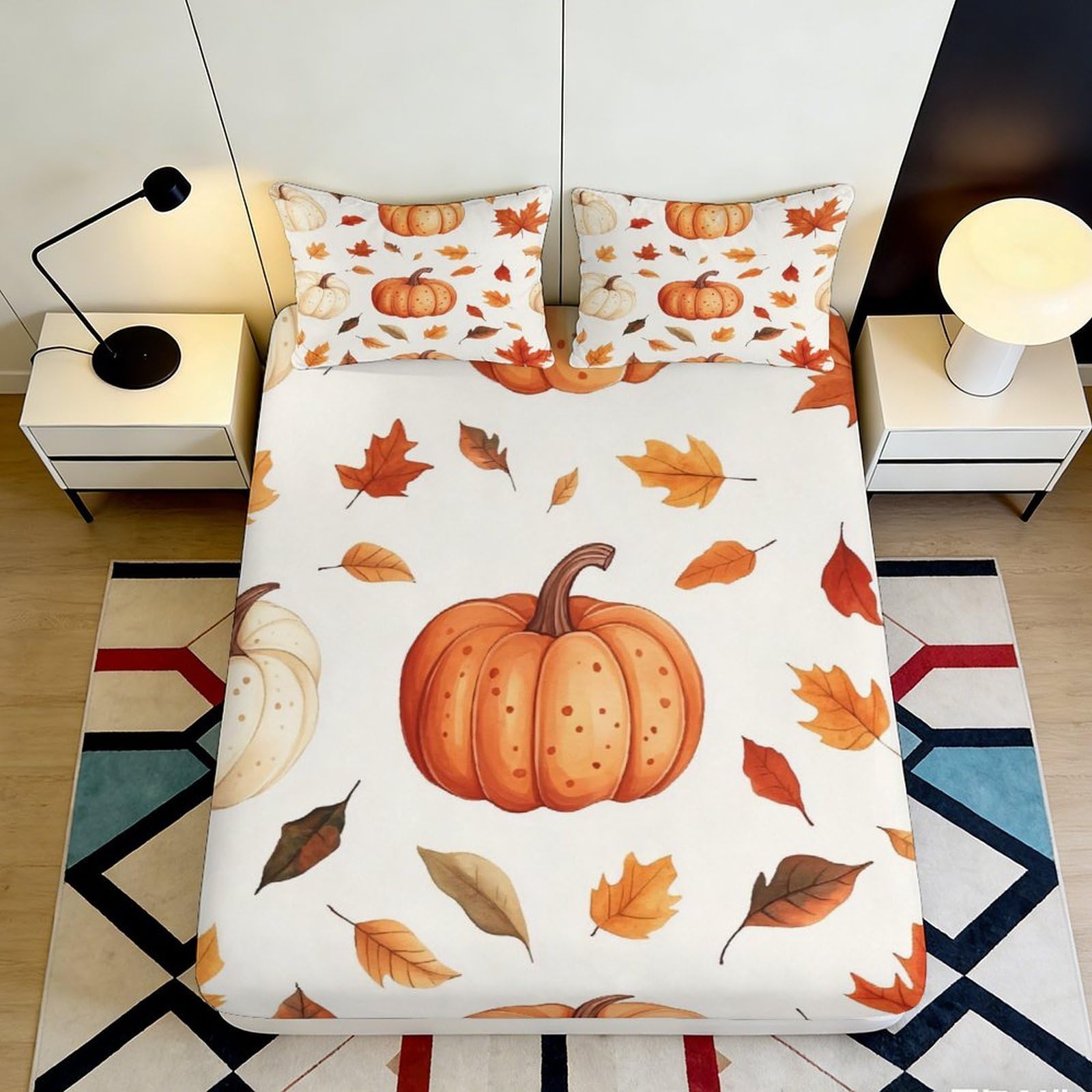 3D Printed Pumpkin Autumn Leaves Fitted Sheet Microfiber Soft Anti-Slip Bed Sheet Mattress Cover for Bedroom Dorm Guest Room Decor 90x200x25cm