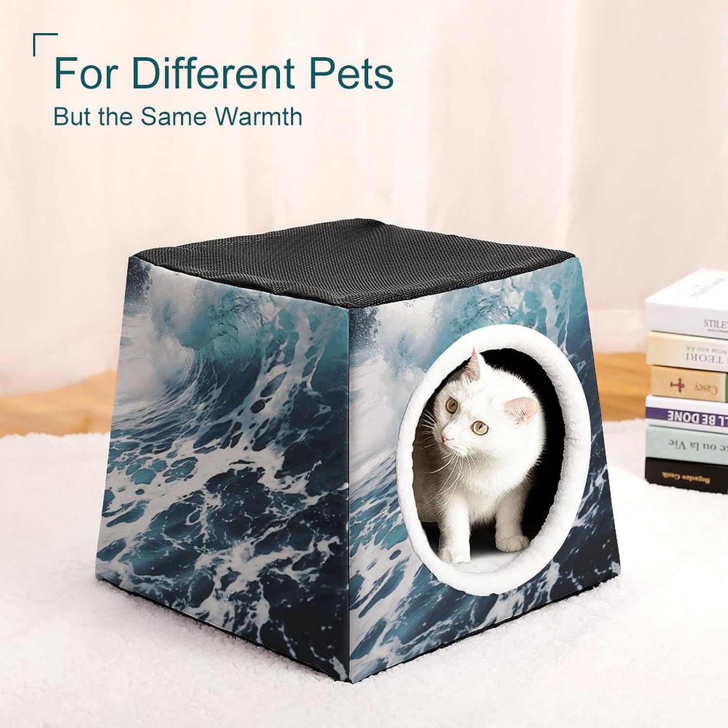 Pet Sleeping Nest Bed, Beach Foam Wave Printed Dog House Cat Nest, Winter Pet House are Suitable for Most Cats, Dogs, and Other Small Pets