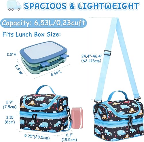 Miniatura 3 de Kasqo Bolsa de almuerzo para niños, bolsa térmica reutilizable con compartimentos de dos pisos para niños, escuela, picnic, viajes, autos negros