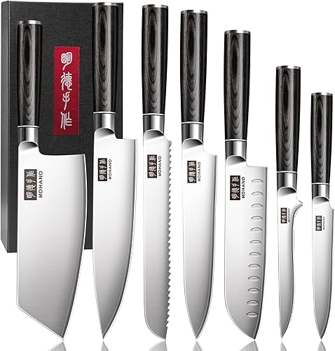 MDHAND Juego de cuchillos de cocina  Juego de 7 cuchillos de chef de acero inoxidable de alto carbono, ultra afilados, juego de cuchillos