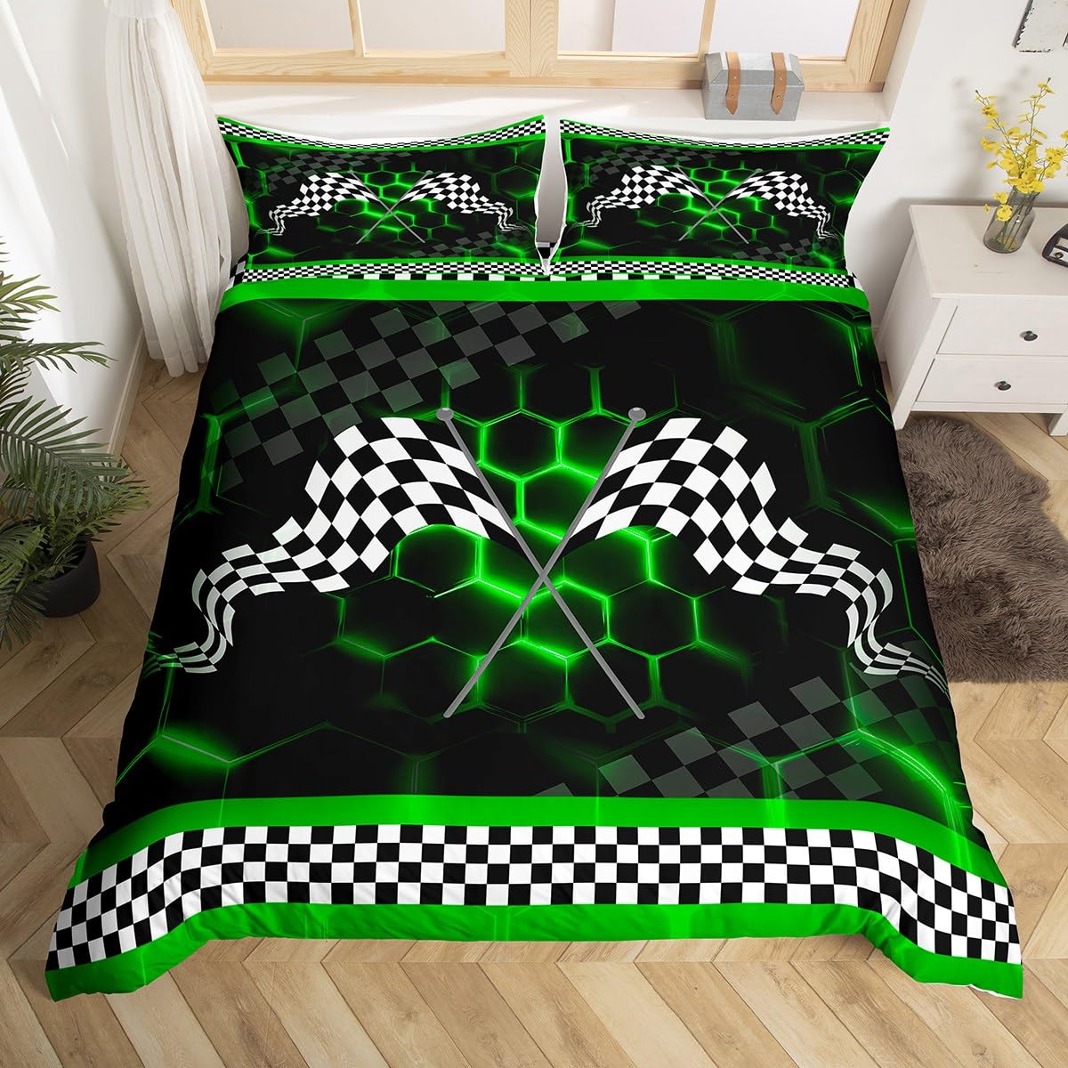 Loussiesd Green Neon Honeycomb Duvet Cover Set Cot Size For Kids Adults Boys Teens Geometrical Hexagonal Bedding Set Black White Plaid Flag Comforter Cover with 1 Pillowcase — image 1