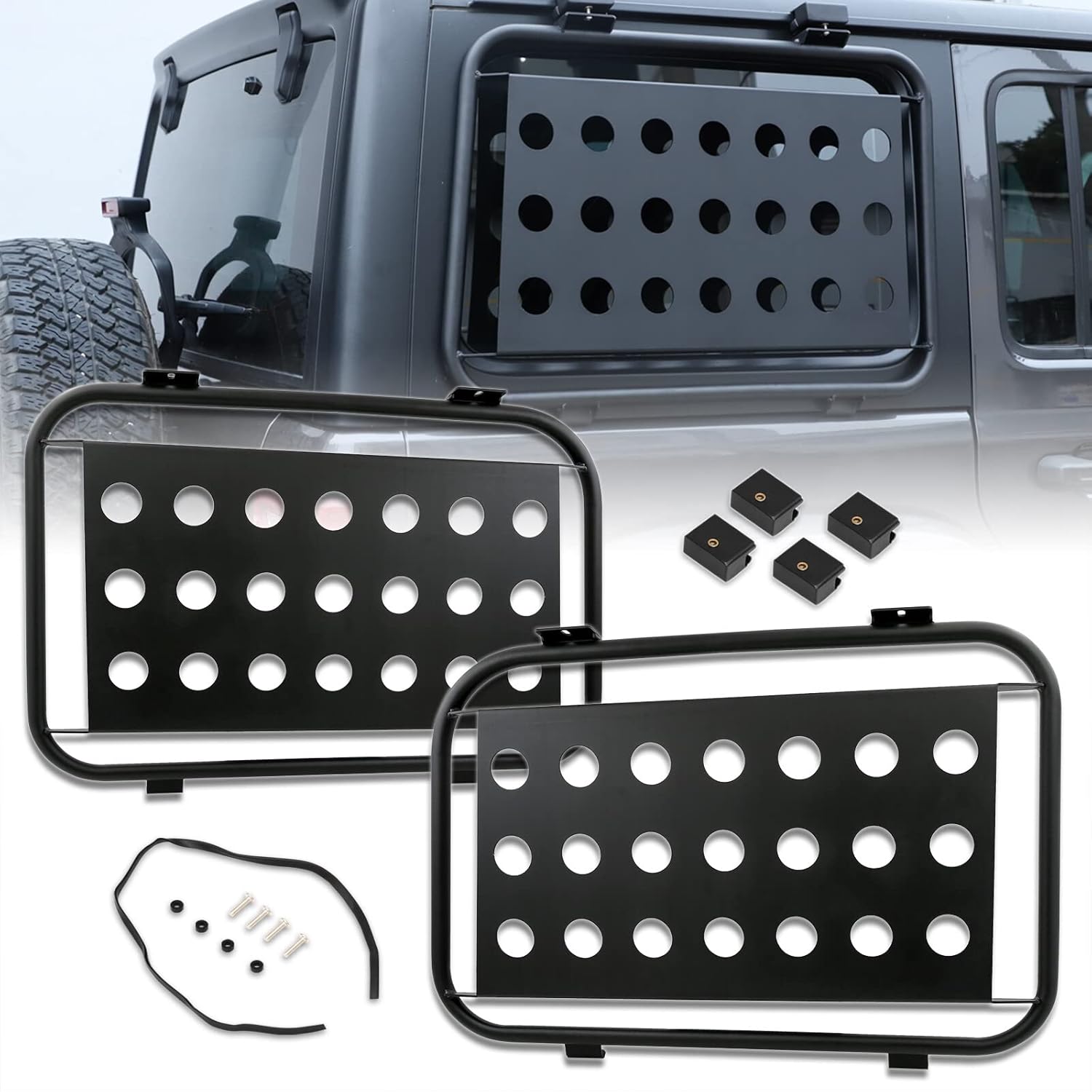 AJP Distributors Aluminum Exterior Rear Side Window Glass Protector Cover Armor Guard Molle Panels Pair Compatible/Replacement For Wrangler JL 4-Door Hardtop 2018 2019 2020 2021 2022 18 19 20 21 22