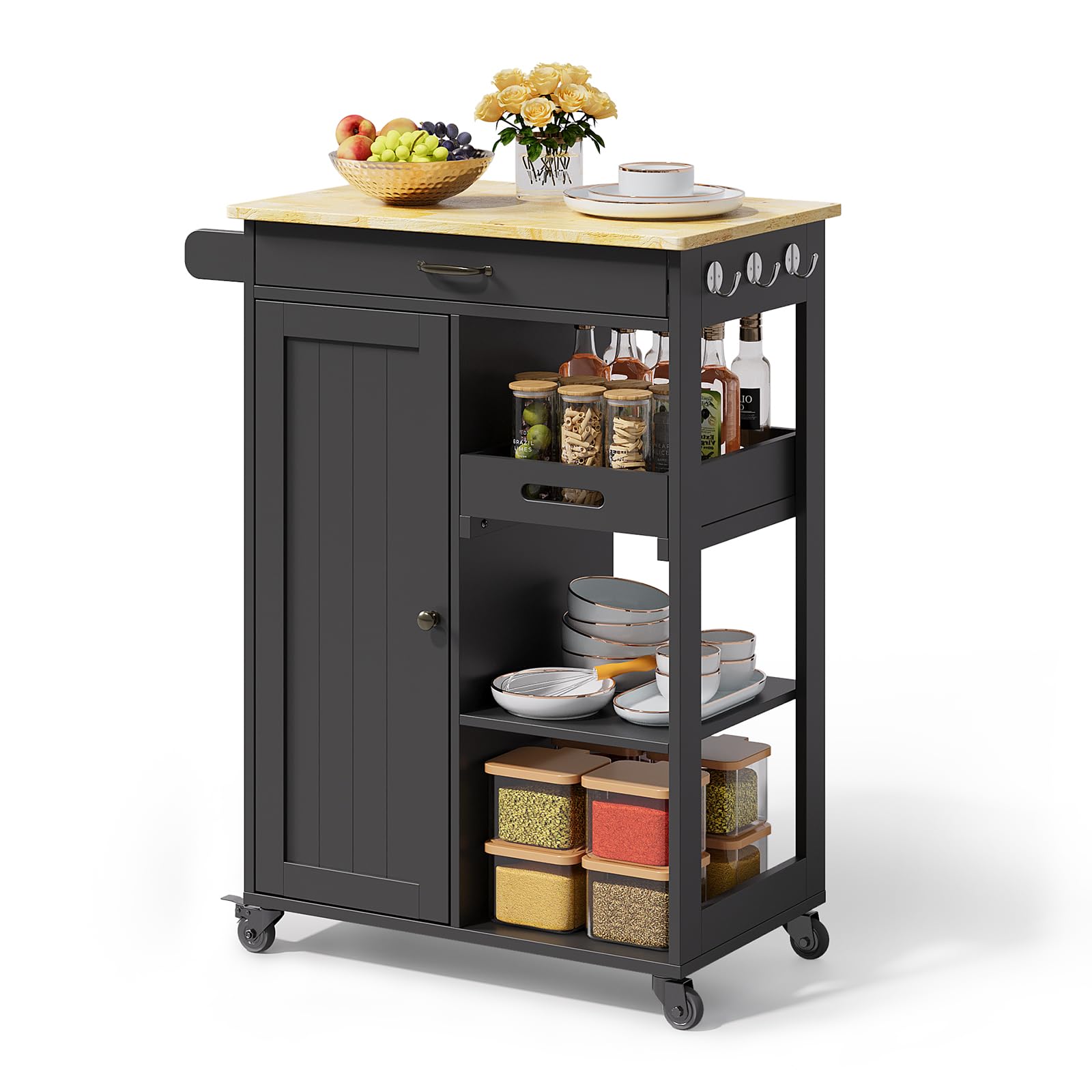 Gizoon Kitchen Island Cart with Solid Wood Top, Rolling Serving Utility Trolley Cart with Drawer, Cabinet, Towel Rack, Hooks and 3 Open Storage Shelves, Mobile Storage Cart for Dining Room, Bar, Black