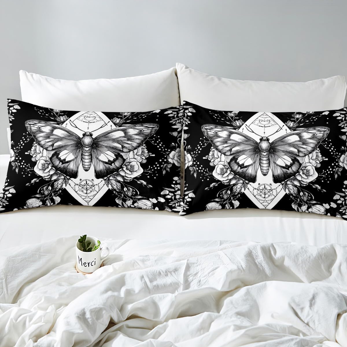 Gothic Moth Duvet Cover Full Size Death Moth Decor Bedding Set Animal Skeleton Halloween Decoration,Boho Goth Bedroom Decor Skull Comforter Cover Bohemian Floral Bedding Set with 2 Pillowcases